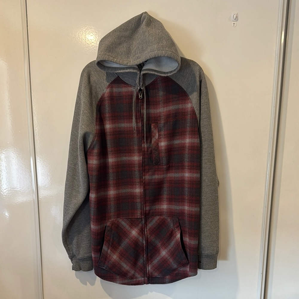 Red and Gray Lightweight Shirt Jacket with Hood
